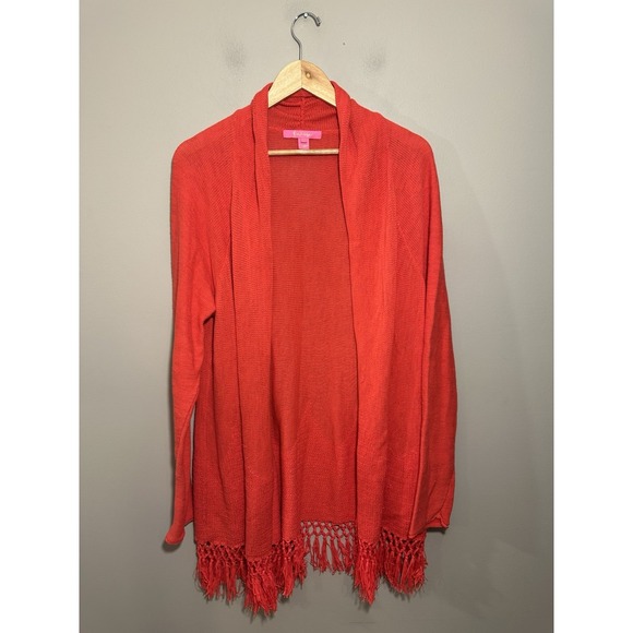 Lilly Pulitzer Tatum Ruby Red Metallic Cardigan Wrap Fringe Hem Long Sleeve XXL - Picture 2 of 5